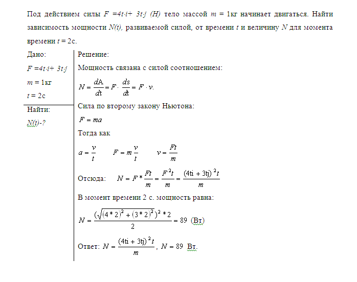 Под действием силы F =4ti+ 3tj (Н) тело массой m = 1кг начинает двигаться.