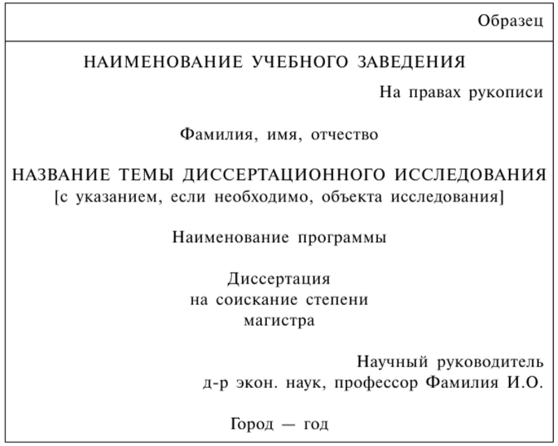 Требования к оформлению титульного листа магистерской диссертации