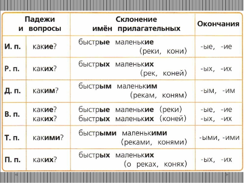 Склонение прилагательных во множественном числе